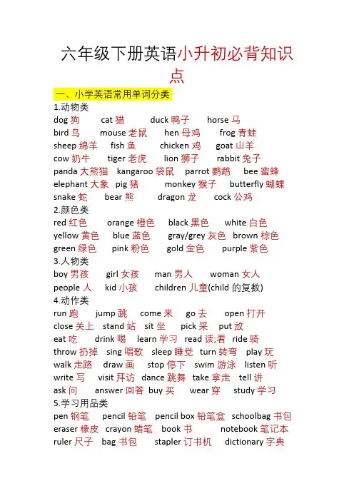 六年级下册英语小升初必背知识点