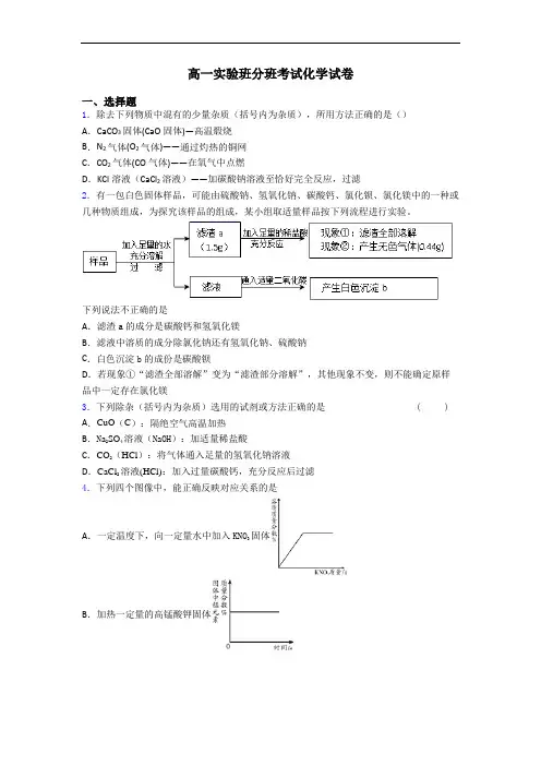 高一实验班分班考试化学试卷