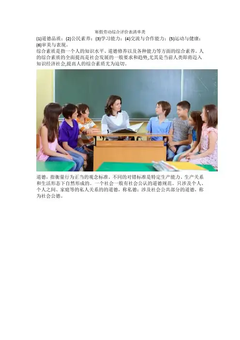 寒假劳动综合评价表清单类