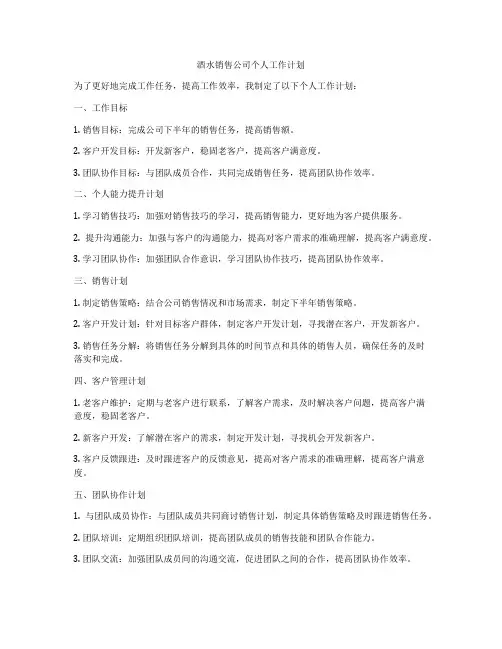 酒水销售公司个人工作计划