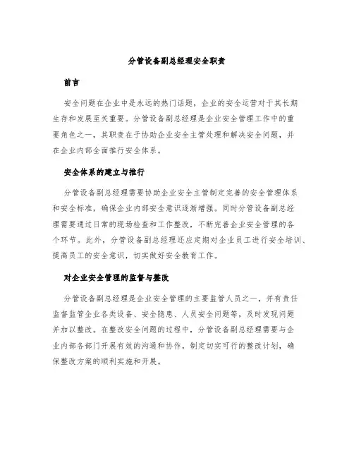 分管设备副总经理安全职责