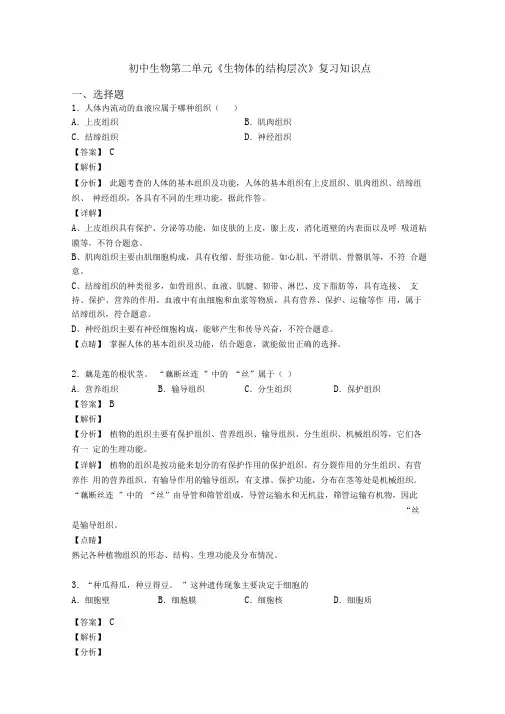 初中生物第二单元《生物体的结构层次》复习知识点