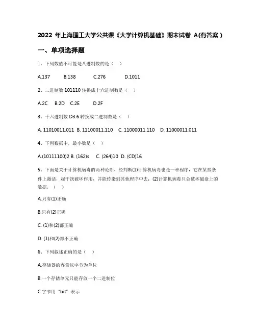2022年上海理工大学公共课《大学计算机基础》期末试卷A(有答案)