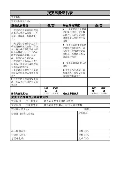 变更风险评估表模板