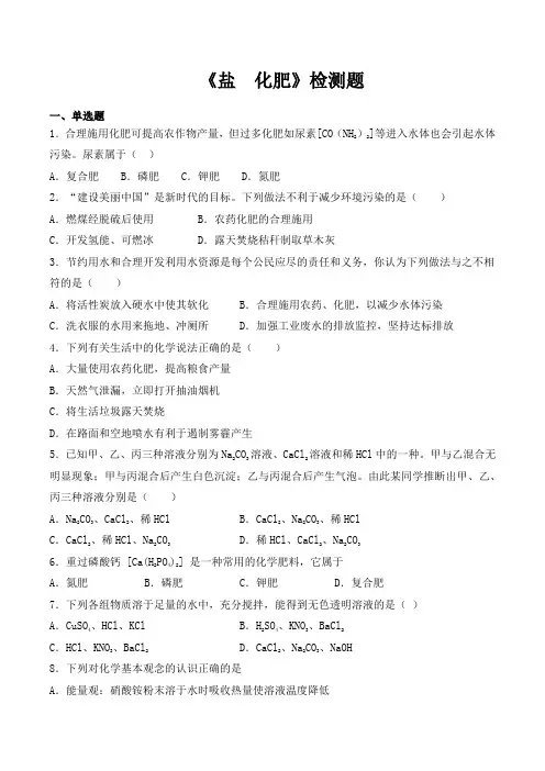 人教版化学九年级下册第十一单元《盐  化肥》检测题(含答案)