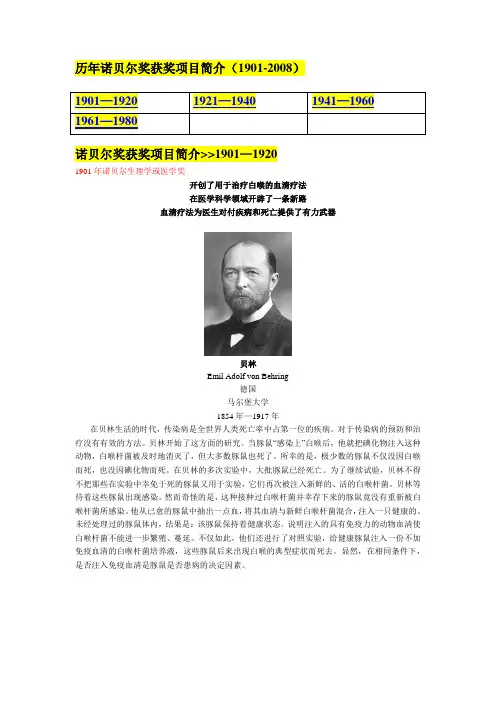 历年诺贝尔奖获奖项目简介(1901-2008).