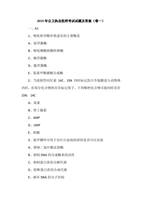2019年公卫执业医师考试试题及答案(卷一)