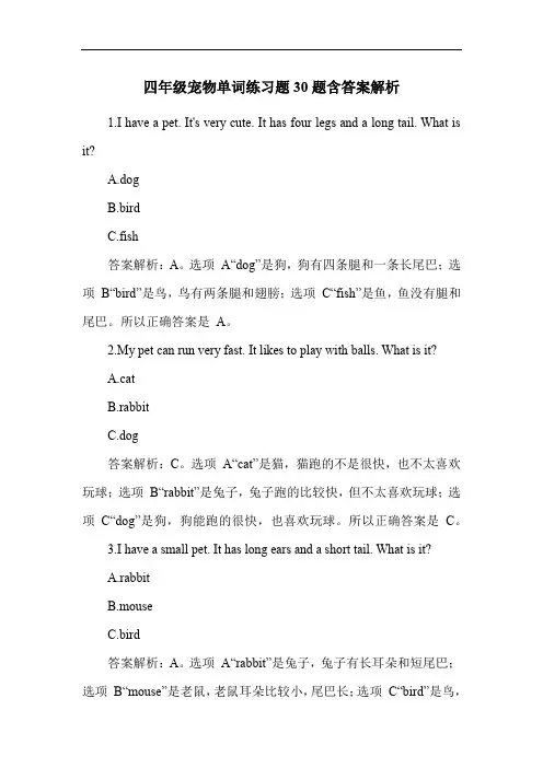 四年级宠物单词练习题30题含答案解析