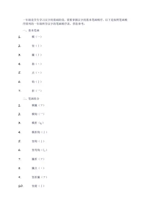 一年级所有汉字的笔画顺序表