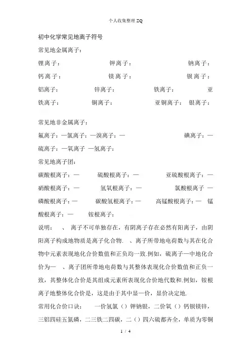 初中化学常见离子符号