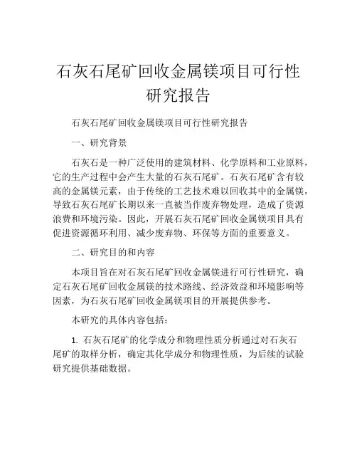 石灰石尾矿回收金属镁项目可行性研究报告