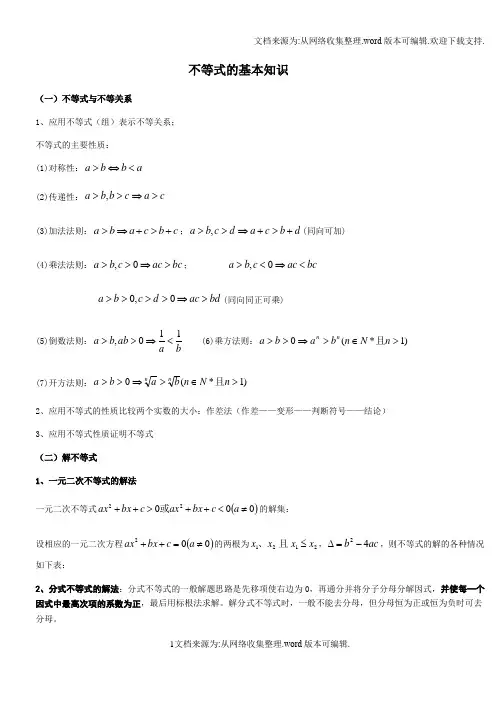 高中不等式的基本知识点和练习题(供参考)