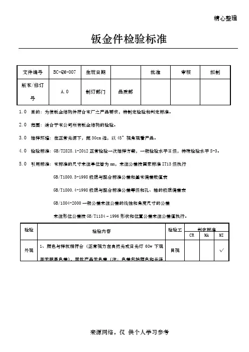 钣金件检验标准