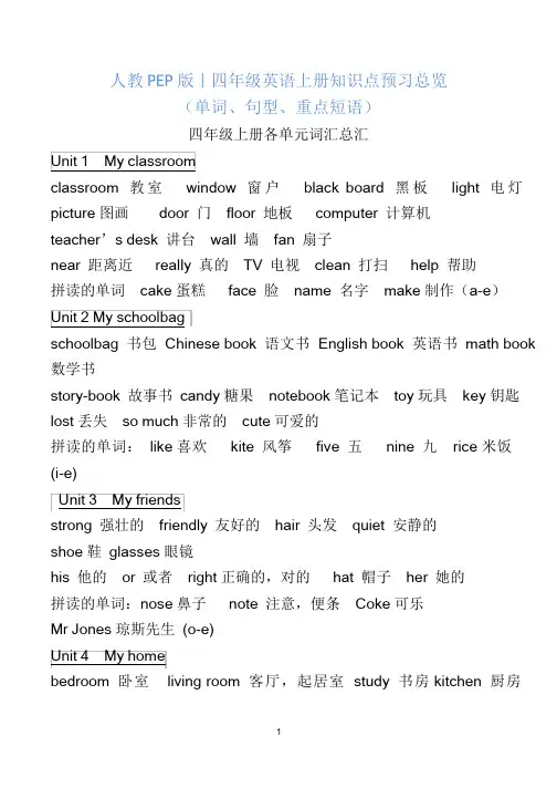 人教PEP版丨四年级英语上册知识点预习总览(单词、句型、重点短语)