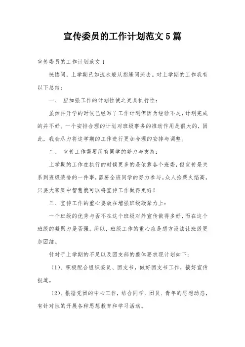 宣传委员的工作计划范文5篇