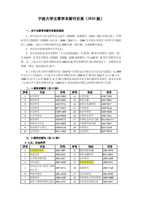 宁波大学核心期刊目录最新版