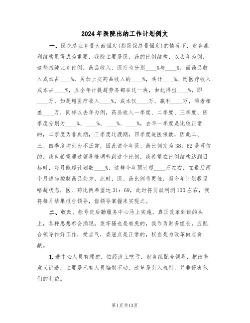 2024年医院出纳工作计划例文（五篇）