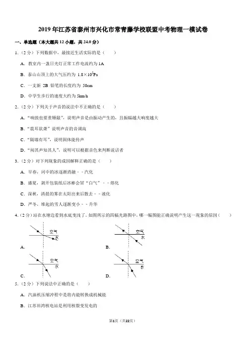 2019年江苏省泰州市兴化市常青藤学校联盟中考物理一模试卷