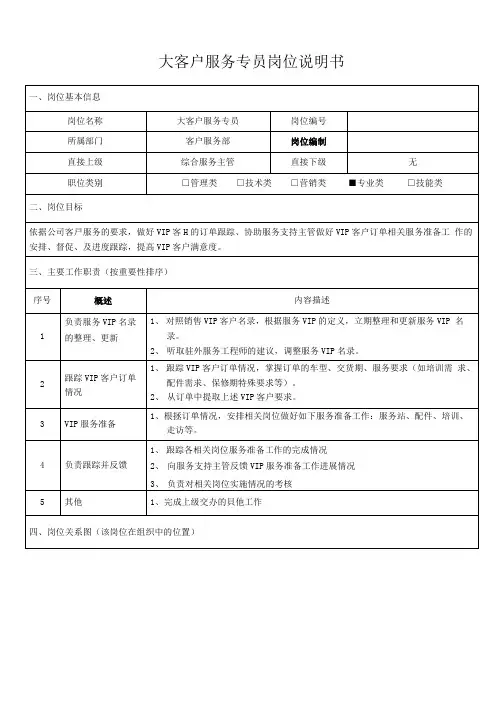 大客户服务专员岗位说明书