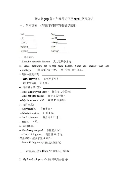 新人教pep版六年级英语下册unit1复习总结