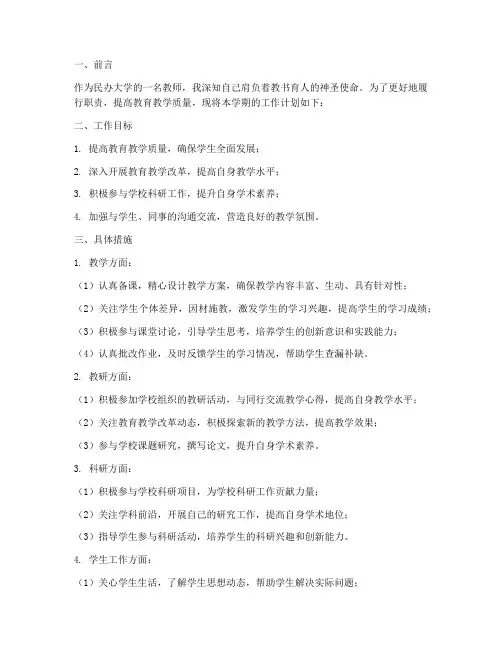民办大学教师工作计划