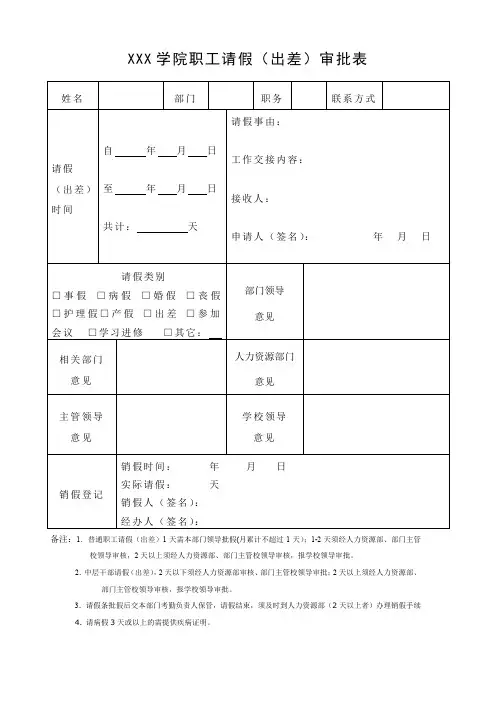 学院职工请假(出差)审批表