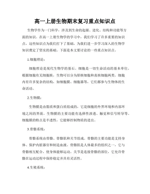 高一上册生物期末复习重点知识点