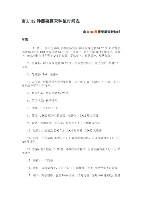 常见蔬菜种植时间表