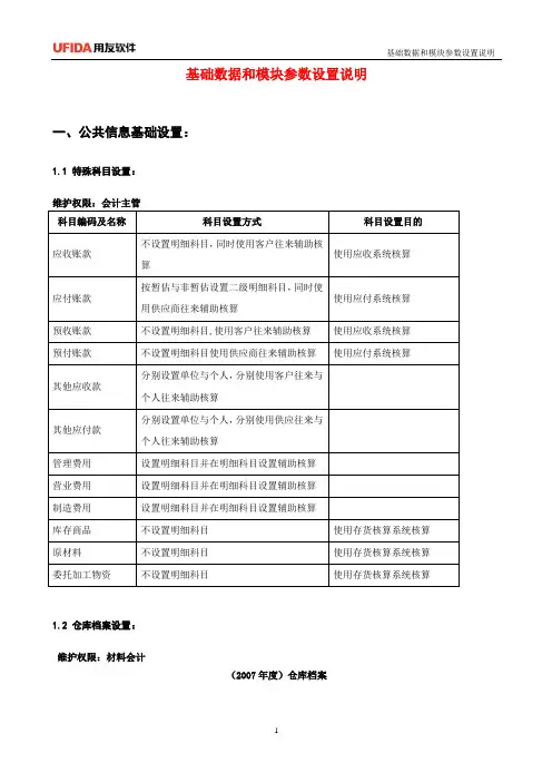用友基础数据和模块参数设置说明