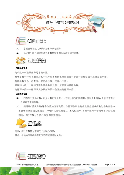 五年级奥数.计算综合.循环小数与分数分拆(ABC级).学生版