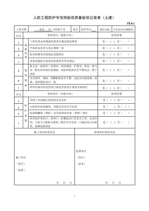 人防工程防护专项预验收质量验收记录表