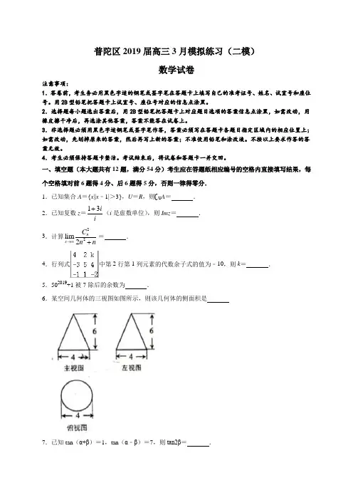 上海市普陀区2019届高三3月模拟练习(二模)数学试题(WORD版)