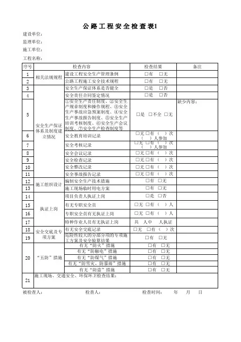 公路工程安全检查表