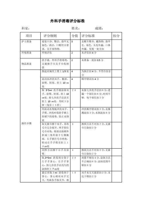 外科手消毒评分标准