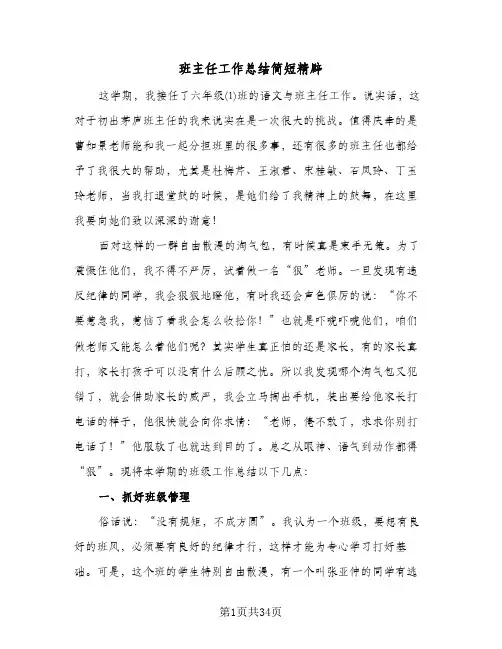 班主任工作总结简短精辟(9篇)