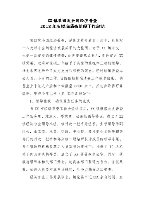 XX镇第四次全国经济普查2018年度摸底清查阶段工作总结