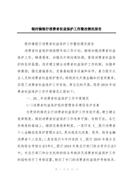 银村镇银行消费者权益保护工作整改情况报告