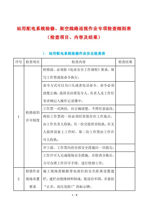 站用配电系统检修、架空线路巡视作业专项检查细则表(检查项目、内容及结果)