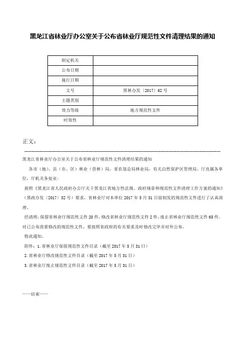 黑龙江省林业厅办公室关于公布省林业厅规范性文件清理结果的通知-黑林办发〔2017〕62号