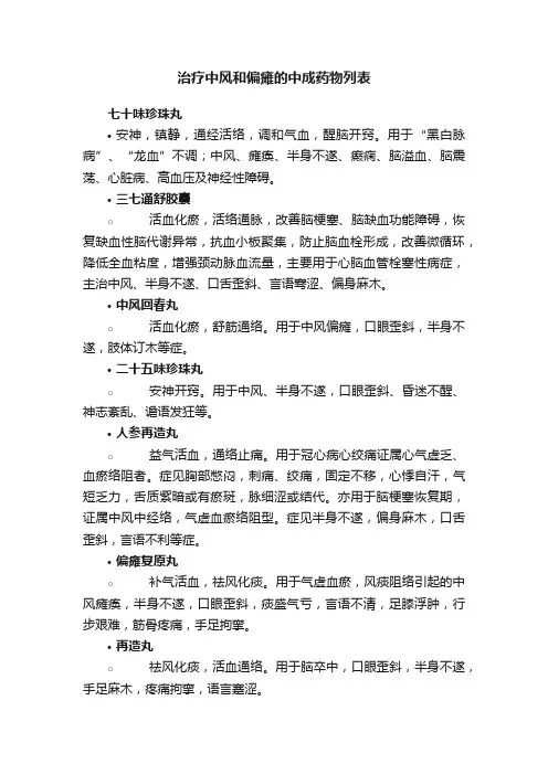 治疗中风和偏瘫的中成药物列表