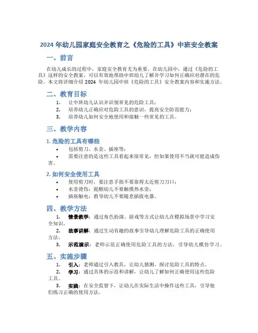 2024年幼儿园家庭安全教育之《危险的工具》中班安全教案