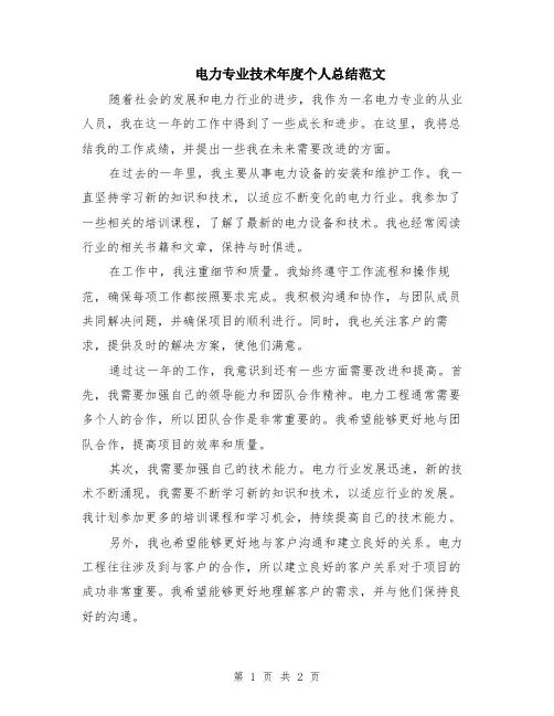 电力专业技术年度个人总结范文