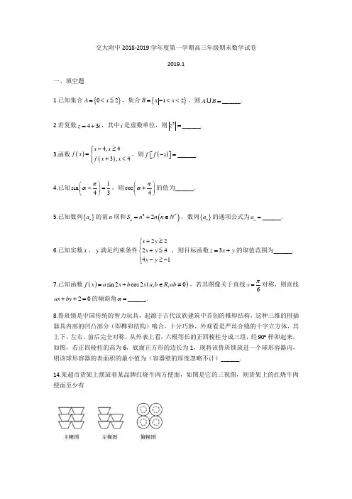 上海市交通大学附属中学20182019学年高三上期末考试数学试题简略答案.docx