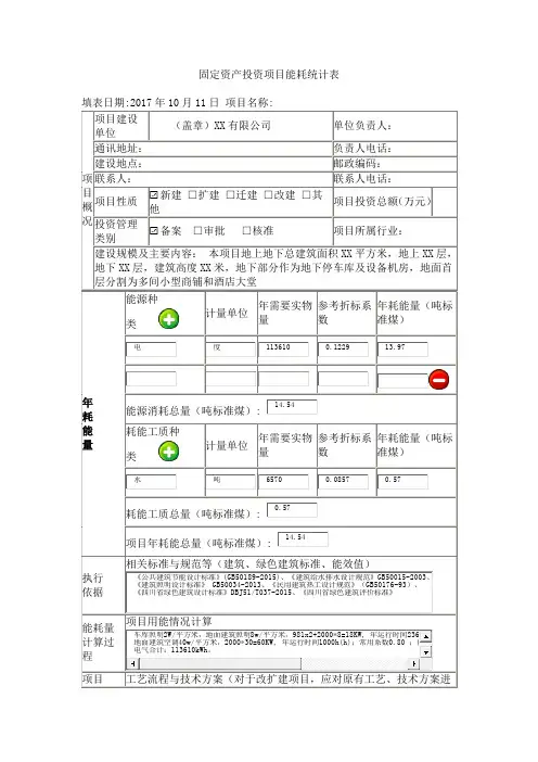 固定资产投资技术改造投项目能耗统计表