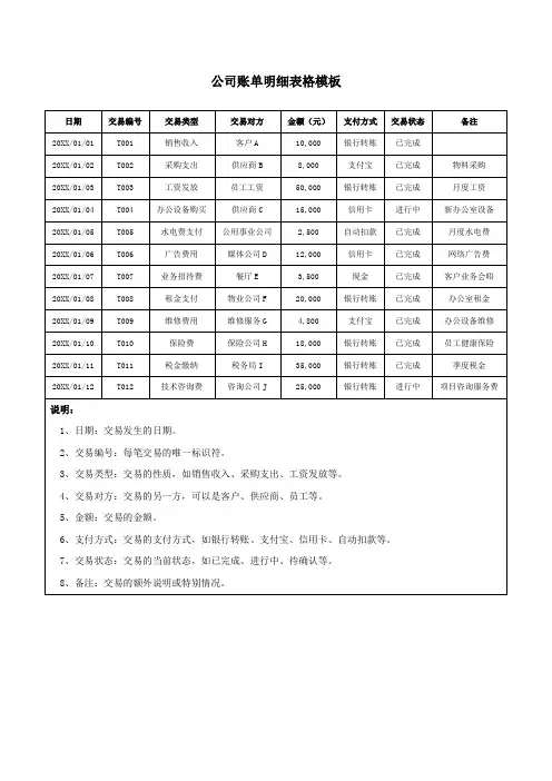 公司账单明细表格模板