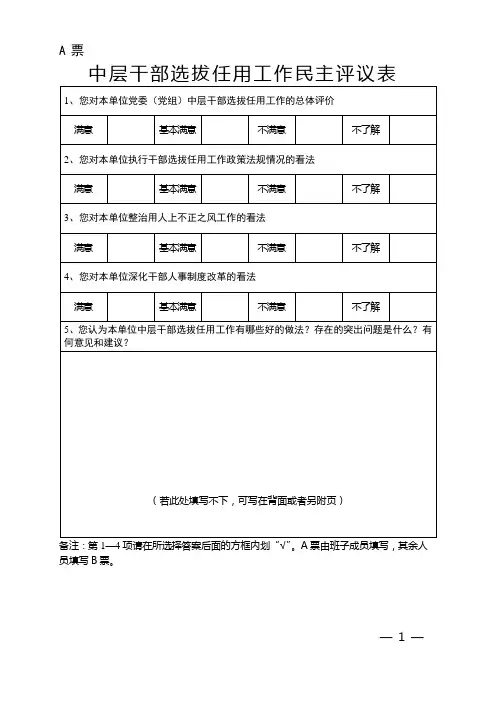 中层干部选拔任用工作民主评议表