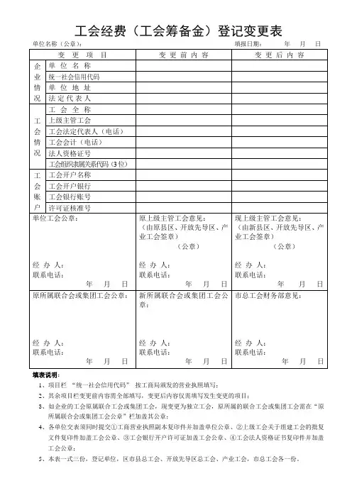 工会经费工会筹备金登记变更表