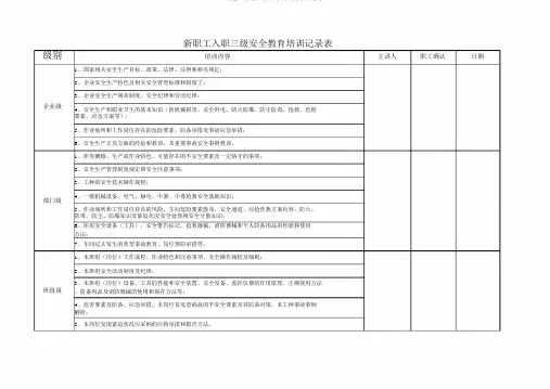 新员工入职三级安全教育培训记录表