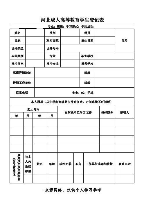 河北成人高等教育学生登记表