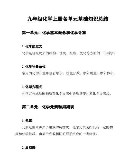 九年级化学上册各单元基础知识总结